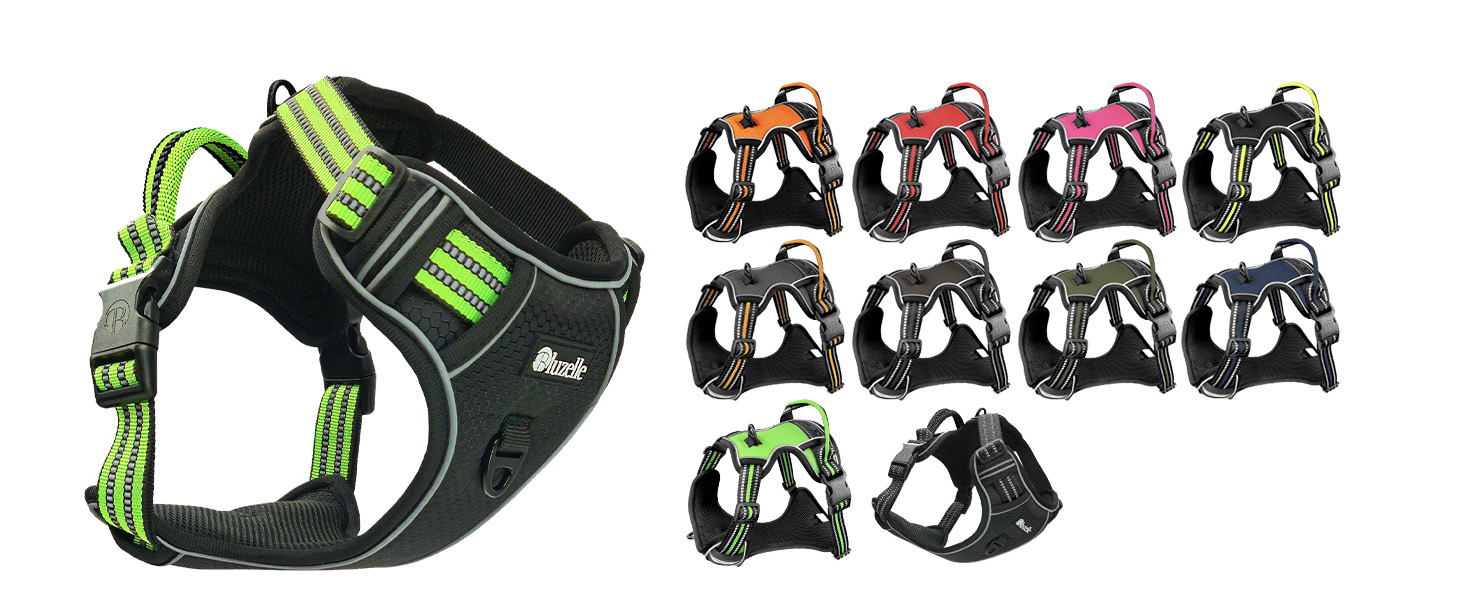 Шлейка для собак середніх порід Bluzelle з ручкою та кишенею для GPS-трекера, світловідбиваюча, дихаюча, зелена (L, чорний 3)