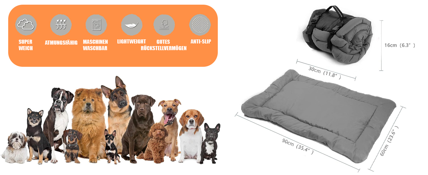 Портативне ліжко для собак Norhogo: водонепроникна килимок-матрац 90x60 см сірого кольору. Ідеально для подорожей, авто, будинку та на вулицю.
