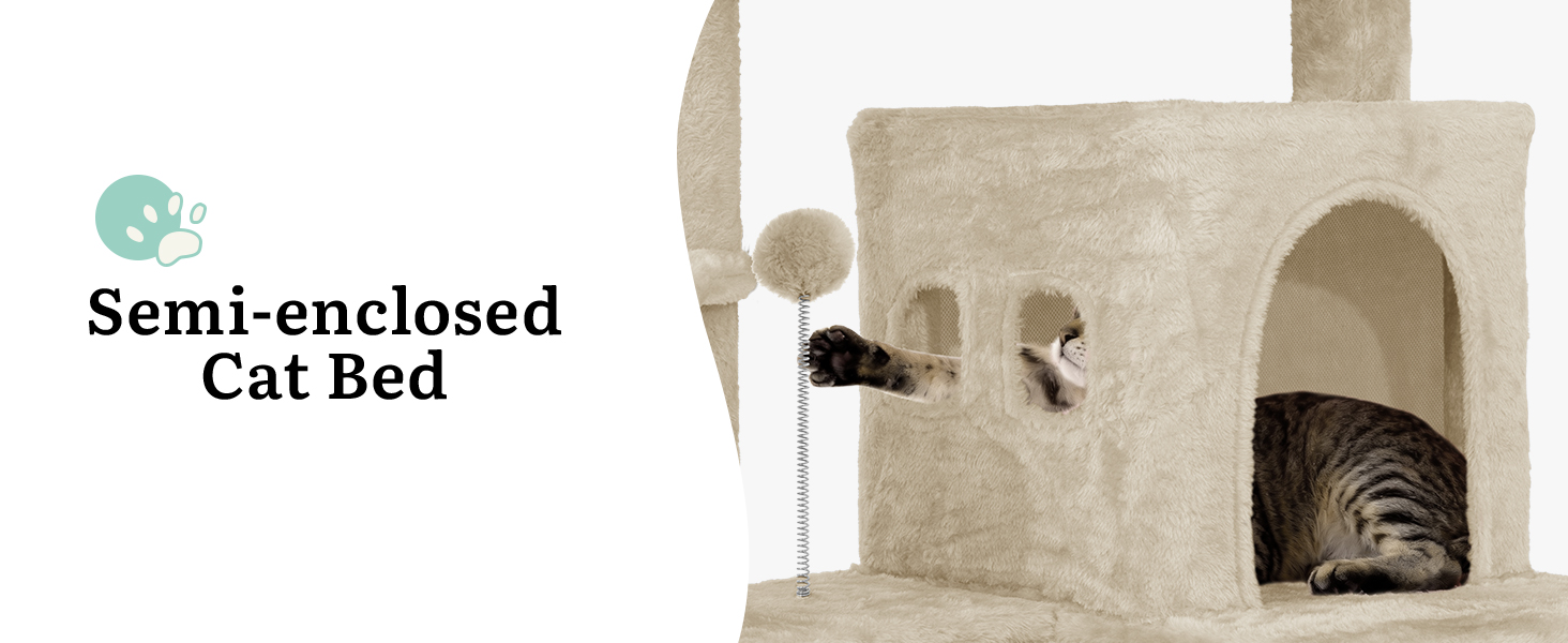 Драбина для котів YITAHOME - кігтеточка, будиночок, велика платформа, товсті стовпи (11 см), м'яке ліжко, 50 x 50 x 157 см (Бежевий)