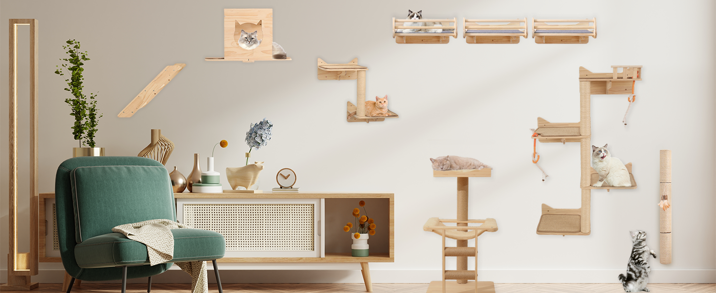 Кігтеточка на стіну MIUZMORE: 7 елементів, полиці та стійки з сизалю, кріплення, кігтешкреб для котів, компактні меблі для дому