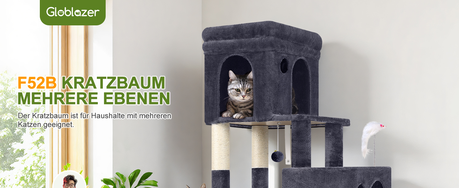 Дерево-кіготь Globlazer для котів на 2-4 котів з великою печерею, м'яким гніздечком, сходами з сизалю, іграшками, стабільним дизайном, висотою 133 см (XL, темно-сірий)