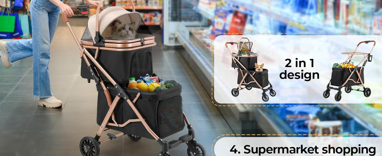 Візок для собак Mamizо 4 в 1, чорний, для 2 тварин до 15 кг, з переносною сумкою та колесами PU