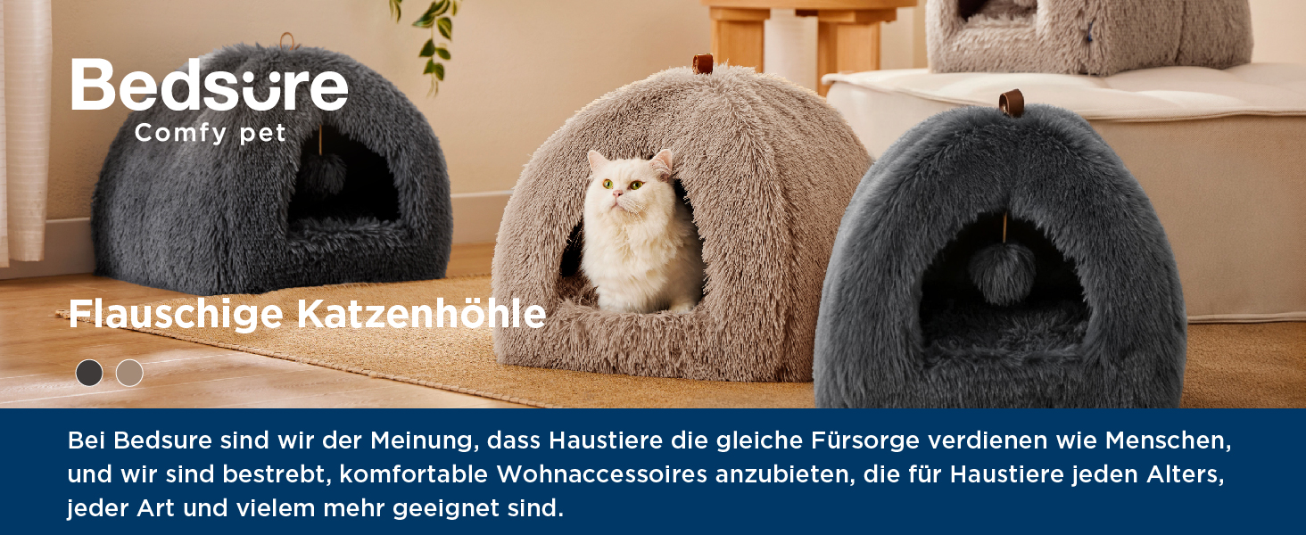 Ліжко для котів BEDSURE велике, 40x40x40 см, сіре, з подушкою та іграшкою, миється