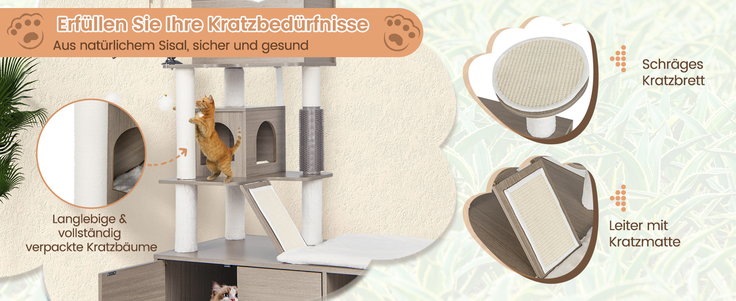 Дім-кігтеточка для котів COSTWAY з будиночком, ігровим м'ячиком та подушкою, сірий, 95x55,5x132 см