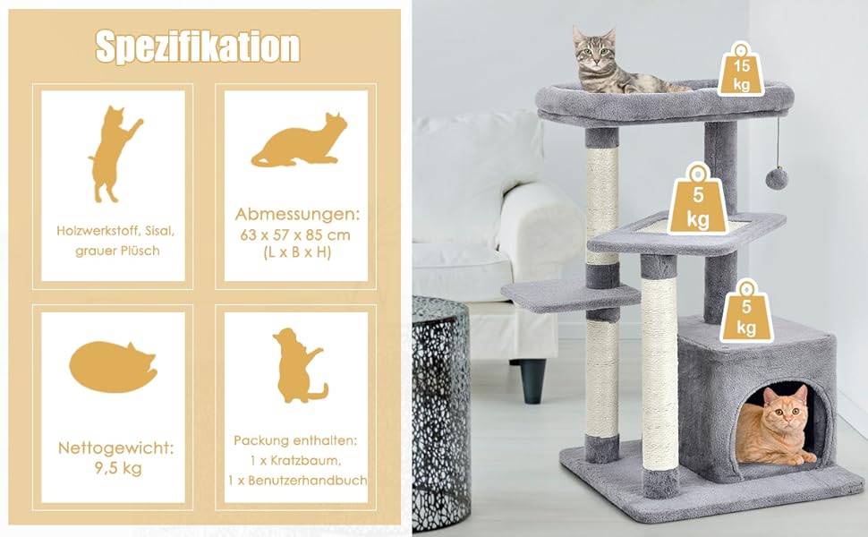 Дряпак для котів COSTWAY, 85 см, з будиночком, м'яким сидінням, м'ячиком та сизалевими стовпчиками, сірий