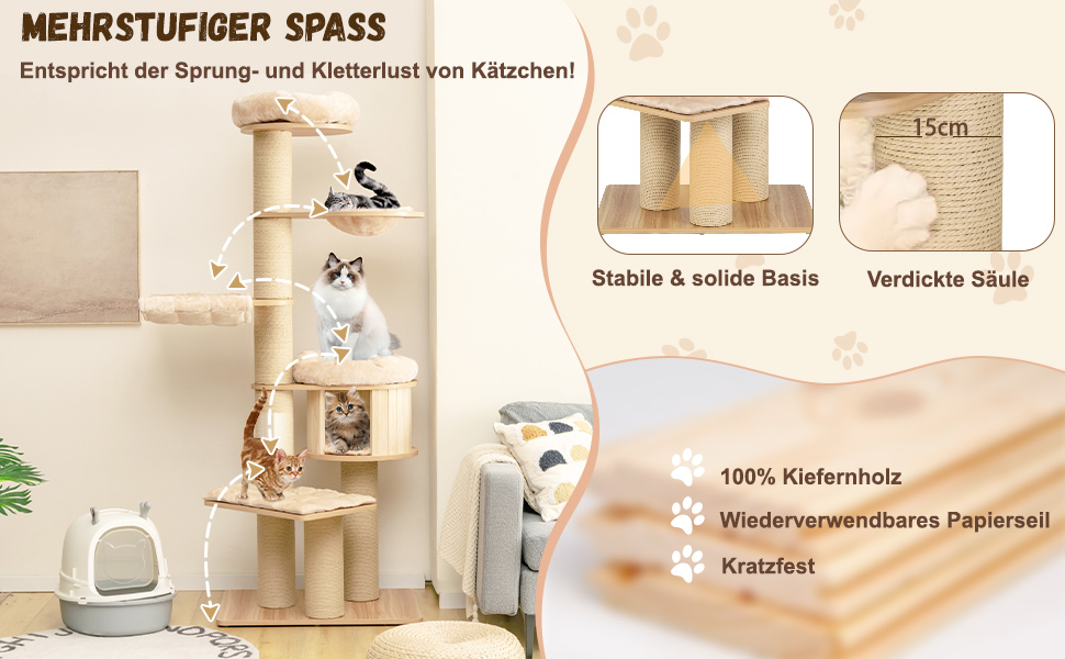 Багатоповерховий котячий комплекс COSTWAY з дерева, 191 см: кігтеточка, гамак, будиночок, кошик, стовпчики з сизалю, активний ігровий комплекс для котів, бежевий, 6 поверхів