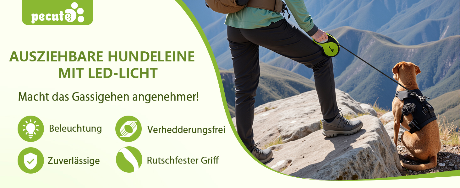 Рулетка для собак Pecute 8м з LED-підсвічуванням, 360° без перекручування, для собак до 50 кг