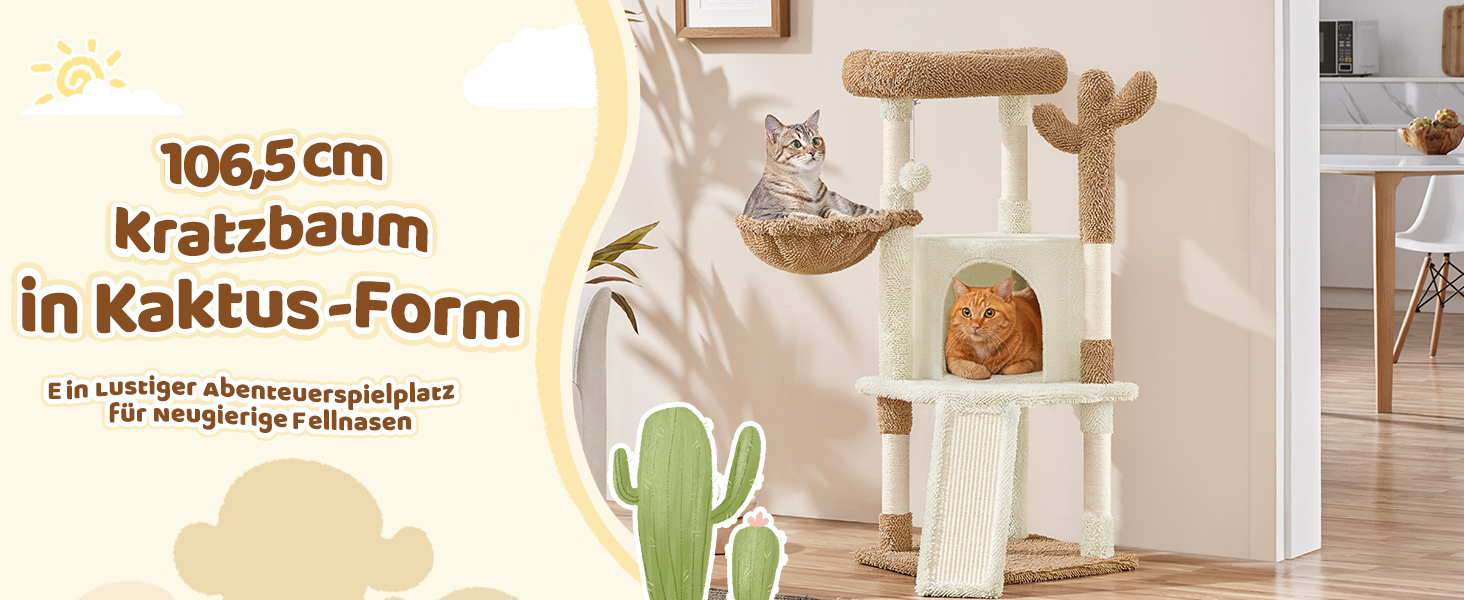 Дряпак для котів Yaheetech Kaktus, 106.5 см: стабільний, з оглядовою платформою та затишною печерею, оббитий сизалем, бежево-коричневий