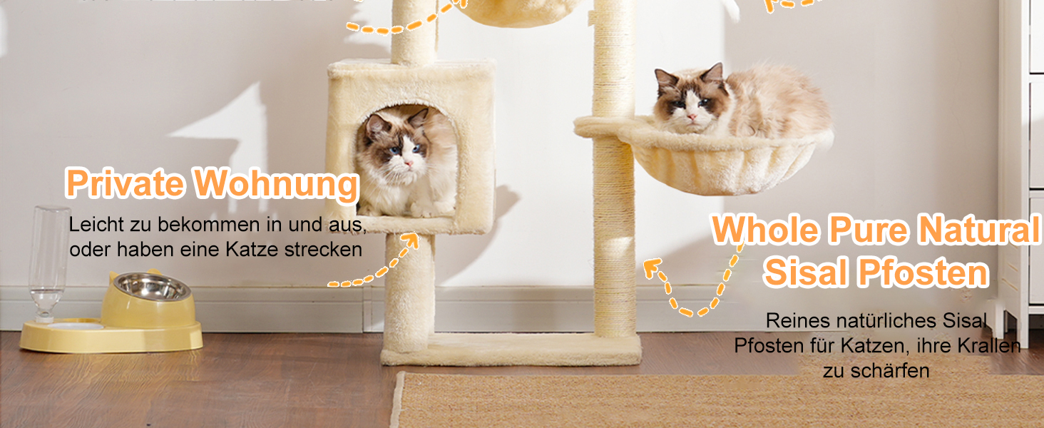 Котячий будиночок Heybly Kratzbaum: 100 см, з платформою, печерею, 2 гамаками та іграшками. Активний котячий будиночок, HCT006SW (Бежевий)