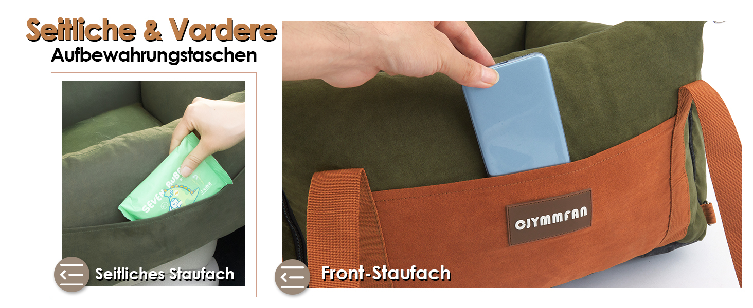 Автомобільний лежак для собак маленьких та середніх порід (до 15 кг), з висувною зоною відпочинку, знімний та пральний, з кишенями та ременем безпеки, зелений