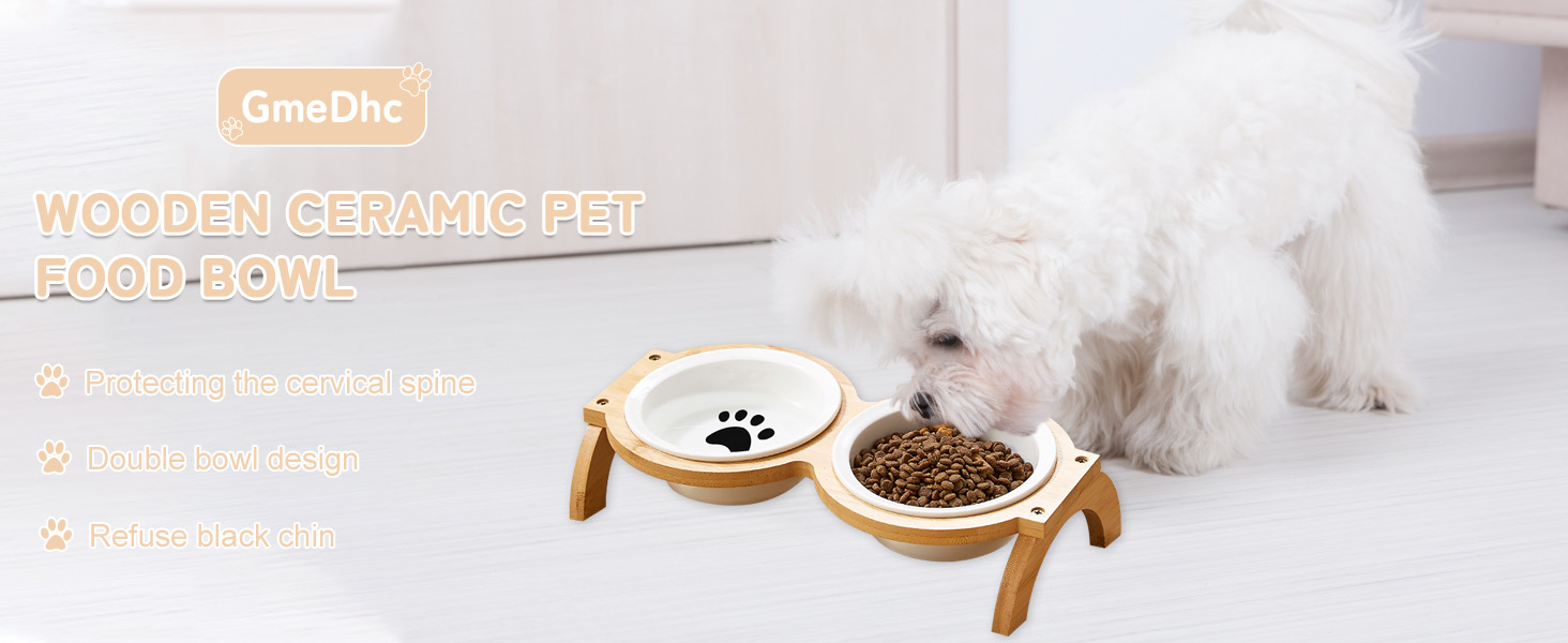 Набір мисок для котів та собак GmeDhc: 2 миски з кераміки на дерев'яній підставці