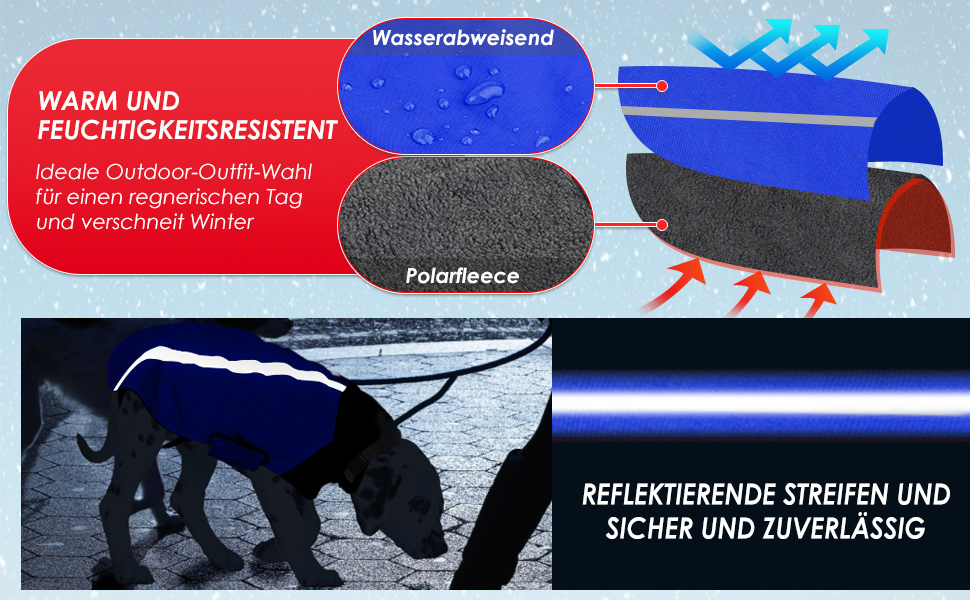 Зимова куртка для собак SlowTon з флісу, тепла та водонепроникна, з капюшоном-шарфом та світловідбиваючими смугами, регульована, для цуценят та собак (Синій, M)