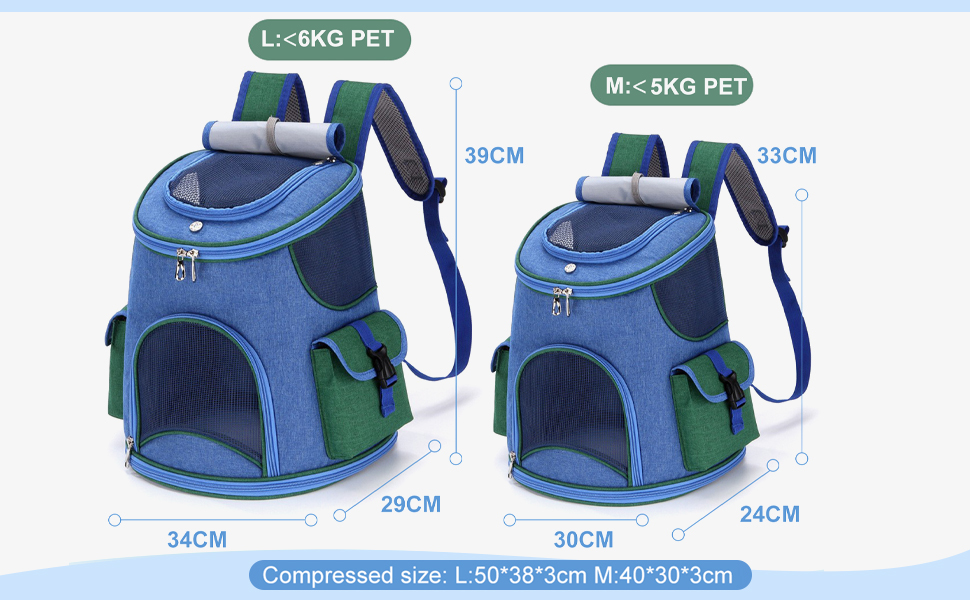 PETCUTE Рюкзак-переноска для собак і котів, дихаючий, знімний килимок, безпечна повідка, для подорожей, походів, кемпінгу, до 6 кг, блакитний + рожевий