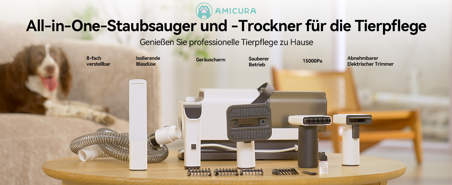 Amicura Шерстьомашинка для собак з пилососом для шерсті та феном 15000Pa, набір для догляду за тваринами, регульована швидкість і температура, 5 перевірених інструментів, тиха машинка для собак та котів
