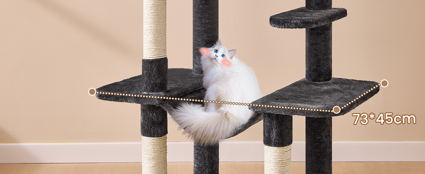 Кігтеточка для котів MSmask велика, 150 см, сіра, з 2 платформами, 2 будиночками, гамаком та сизалевими стовпчиками