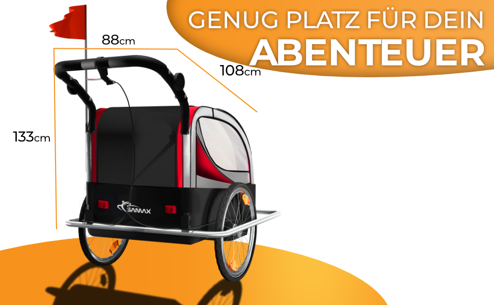 SAMAX Fahrradanhänger Jogger 2in1: Дитячий велопричіп-коляска 2в1, обертання 360°, для 2 дітей, червоний, сірий фрейм