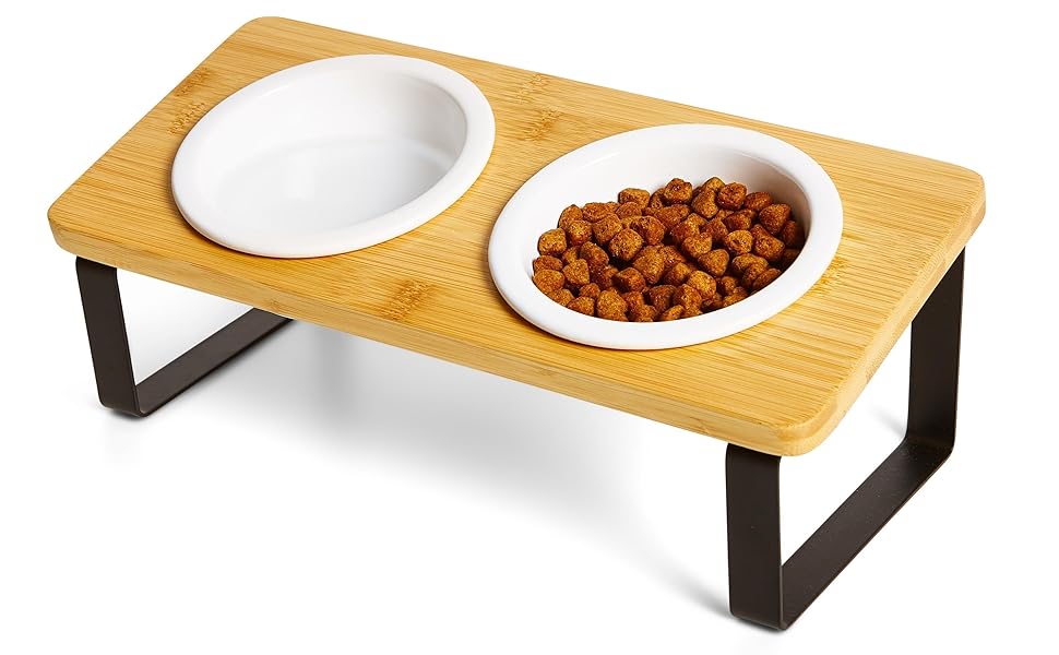 Підвищена годівниця для котів, ергономічна керамічна годівниця з дерева та бамбука, для котів та маленьких собак