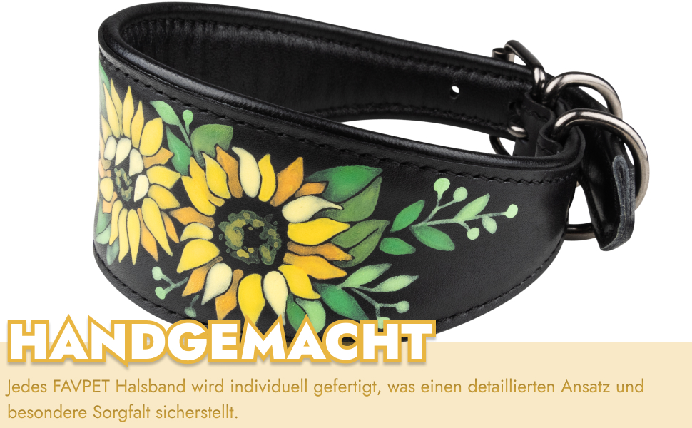 FAVPET Нашийник для собаки з м'якої шкіри з QR-кодом, широкий, для грейхаундів, віппетів, салюкі, лурджерів, галгу, поденко (XS, соняшник)