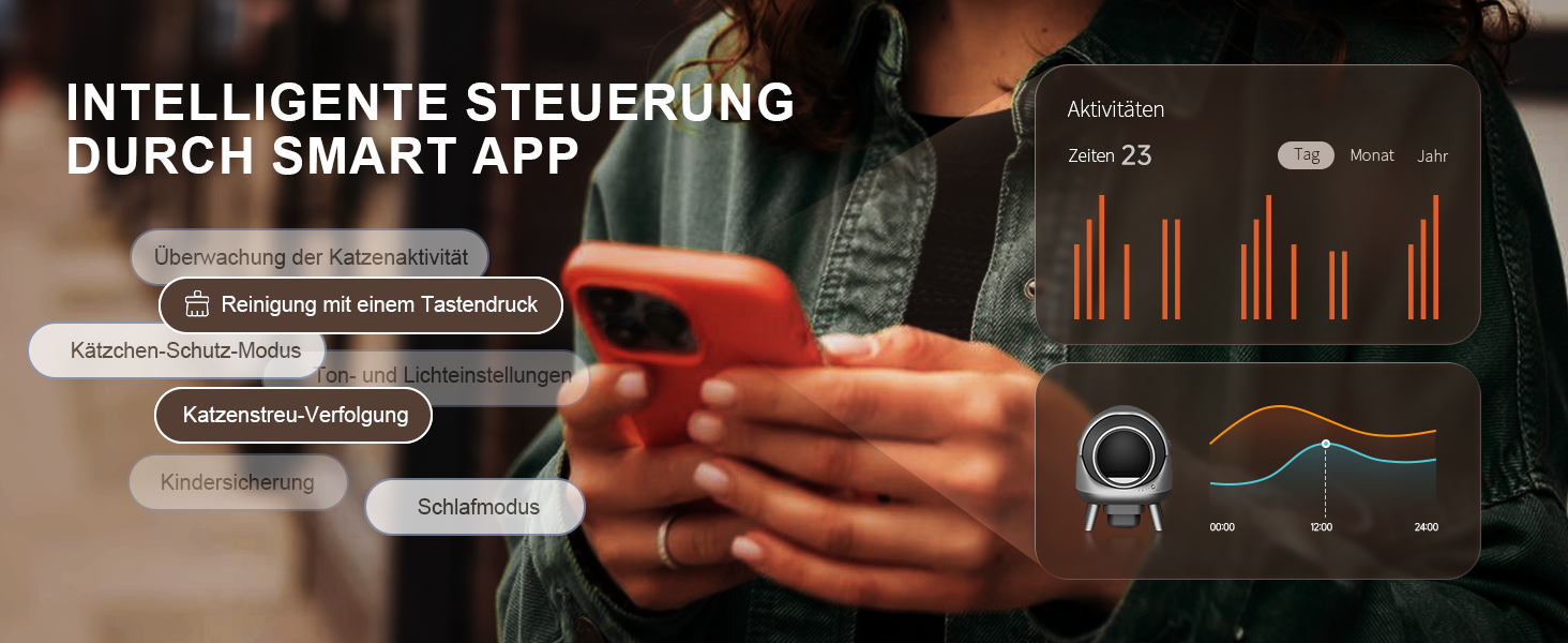 Автоматичний лоток для котів ELS PET з самоочищенням, захистом від розльоту, керуванням через додаток, без запаху, з килимком для котячого туалету та пакетами для сміття (чорний та сірий)