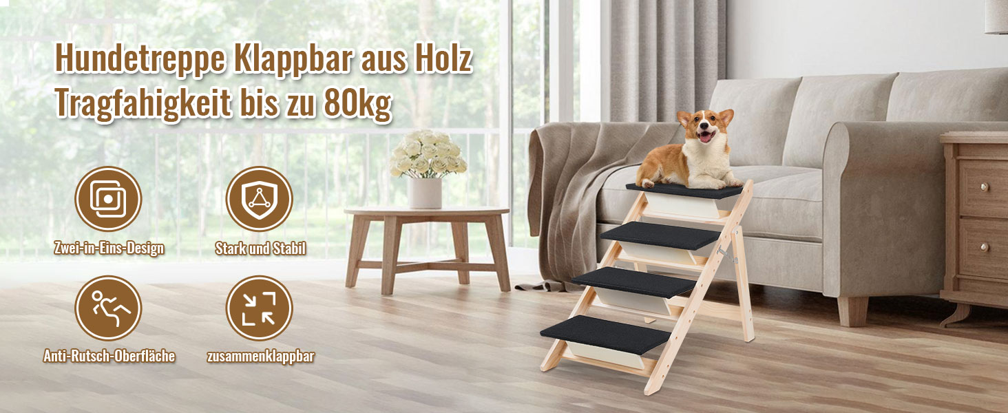 Сходинка для собак Vigevee 2-в-1: розкладна сходинка для домашніх тварин, 65.5 см, 4 сходинки, максимальне навантаження 80 кг, з антиковзким килимком для собак та котів