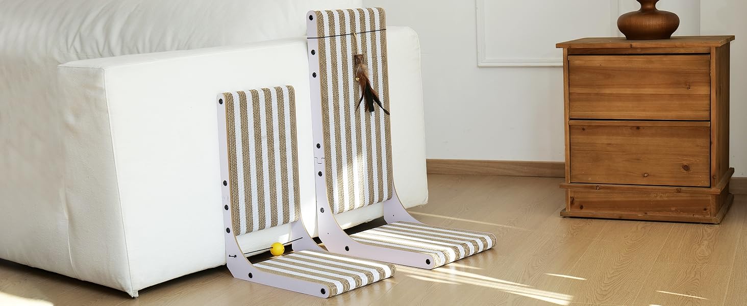 Котячий когтеточка FUKUMARU L-подібної форми, 68 см, з візерунком смуг, з іграшкою, для стіни та кута, з міцного картону