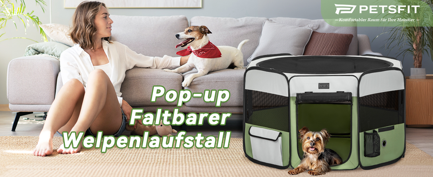 PETSFIT Розкладний вольєр для цуценят та дрібних тварин, вольєр для собак та котів, з водонепроникним дном, Pop-up система, захист від гризучих, 92 x 84 x 53 см (Сірий/Зелений)