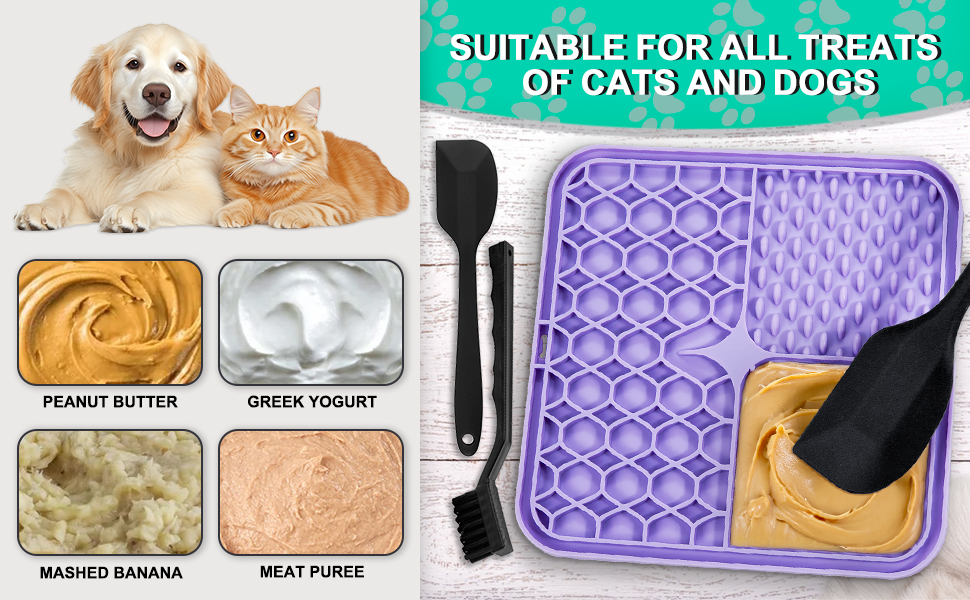 Килимок-лизун для собак та котів, 20 см, з міцними присосками для зняття тривоги та розваг, для купання та дресирування, лопатка та щітка, 2 шт. (фіолетовий та сірий)