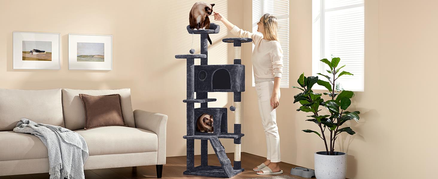 Кігтеточка велика Yaheetech 158 см, Кліматичний комплекс для котів з 3 платформами, 3 стовпчиками для шліфування, 2 будиночками, м'ячиками, сірий