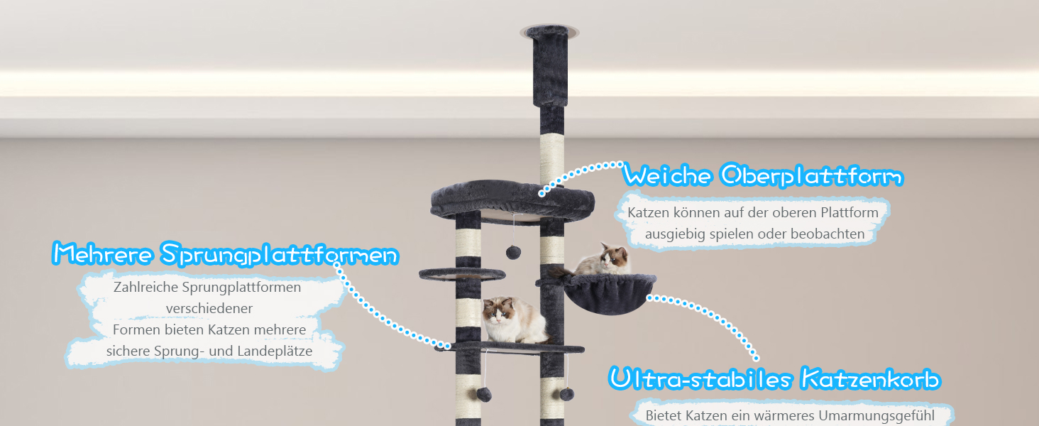 Котячий будиночок Hey-brother Kratzbaum: регульований котячий комплекс 250-280 см, до стелі, для великих котів, з гніздом, сірий (0MPJ091W)
