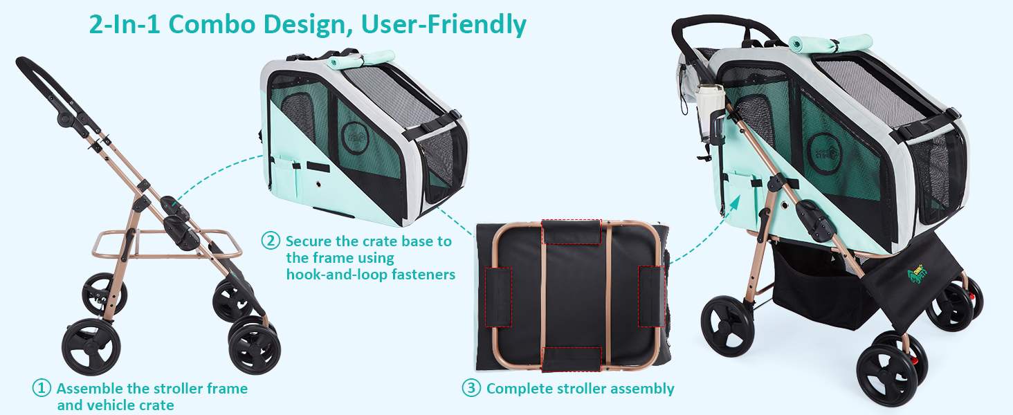 Візок для собак Ownpets - 3в1, для собак середніх порід (до 30 кг), блакитний, з автотранспортною коробкою, поворотні колеса та амортизація