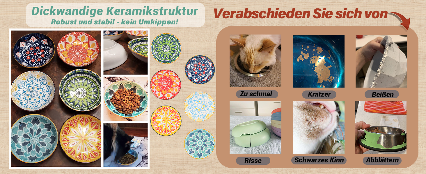 Набори мисок для котів з кераміки Katzennäpfe - 6 шт. - 250 мл - для корму - кольорові - широкі, плоскі, зручні для котів - можна мити в посудомийній машині