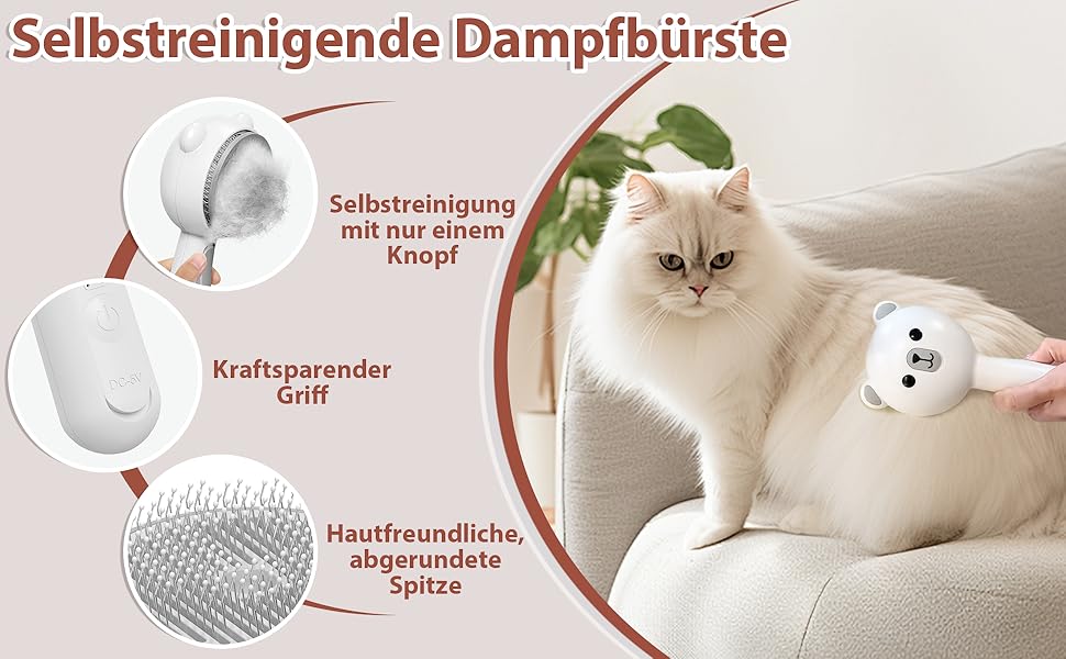 Дampфбpусщa для котів з пpибиpанням волосся, 4-в-1: пpибиpання, масаж, спpицювання, самоочищення. IPX7, білий колір.