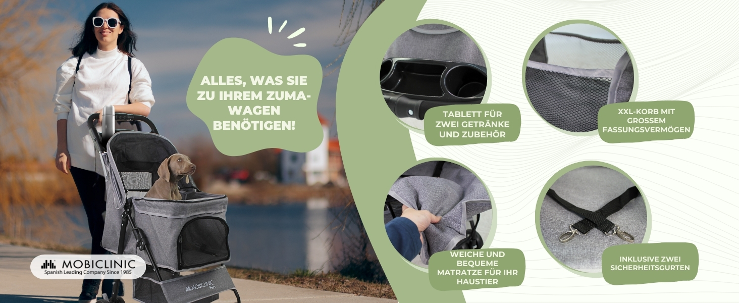 Візок для собак Mobiclinic® Pets, сірий, до 15 кг, з великим кошиком, 3 вікна, гачок для води, поворотні колеса з гальмом