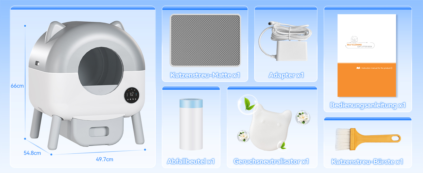 Автоматичний лоток для котів Devoko з самоочищенням, великий об'єм, керування через додаток, LED-підсвічування, килимок, для котів до 12 кг