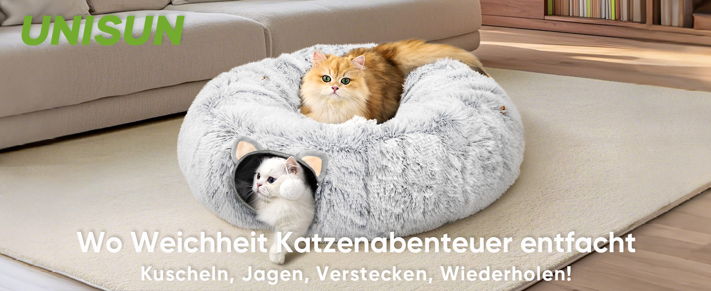 Туннель для котів Unisun XXL з місцем для сну, іграшка-пончик, тунель-ялинка, складний, сірий (92 см)