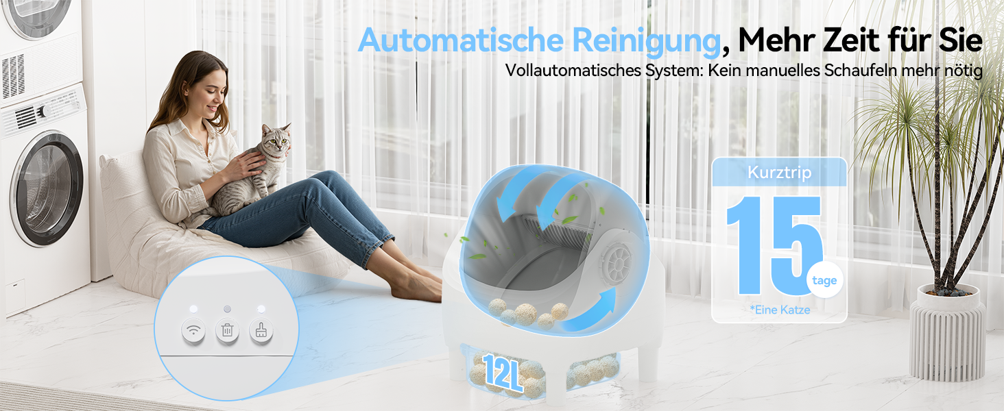 Автоматичний лоток для котів з самоочищенням, керуванням через додаток, великий розмір XXL, для великих котів (до 15 кг) та кількох котів, самоочищення на 15 днів