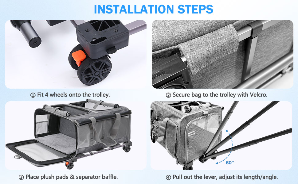 Транспортна переноска для котів та собак на 20 кг з 2 відділеннями, колесами та телескопічним ручками (сіра)