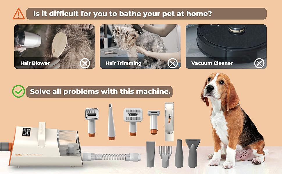Набір для грумінгу собак Kitplus: машинка для стрижки, пилосос для шерсті, 8 інструментів, чорний & білий.