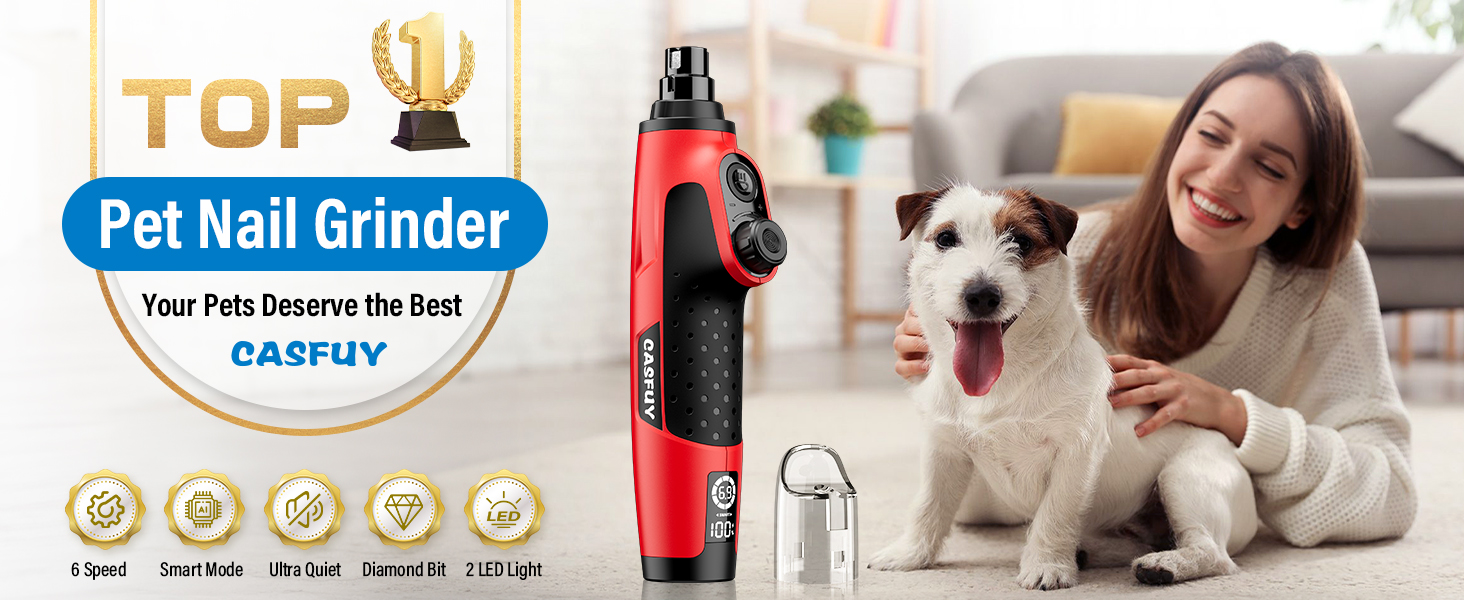 Шліфувальник кігтів для собак Casfuy Smarter Krallenschleifer 6-ступінчатий з LED-підсвіткою, тихий, перезаряджається, для собак та котів великих, середніх та малих порід (червоний)