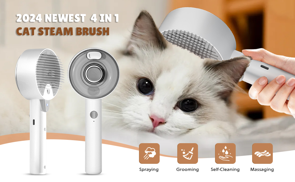 Парова щітка для котів 4-в-1, 4-в-1 парова щітка для котів з водою, видаляє шерсть з котів одним натисканням кнопки, щітка для вичісування шерсті для собак і котів (біла) (сіра)