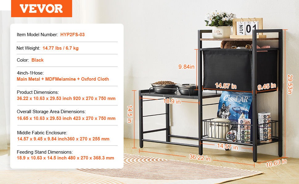 Підставка для корму для собак VEVOR, 92 x 27 x 75 см, з піднятими мисками, для великих, середніх та маленьких собак