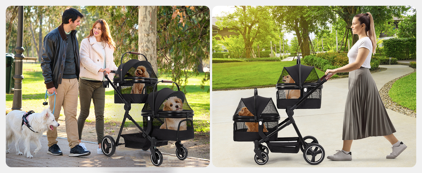 Складаний двоярусний візок для собак та котів до 22 кг, з сітчастими віконцями, тримачем для напоїв та місцем для зберігання. Ідеально для двох маленьких собак або котів. Легкий та зручний двошаровий візок.