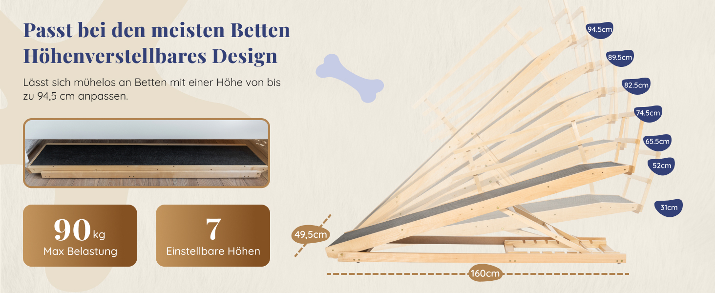 Сходинки для собак до ліжка з поручнями - для великих собак до 90 кг - регульована висота до 94.5 см - ширина 49.5 см - складаються - антиковзні ручки - з натурального березового дерева - колір натуральний