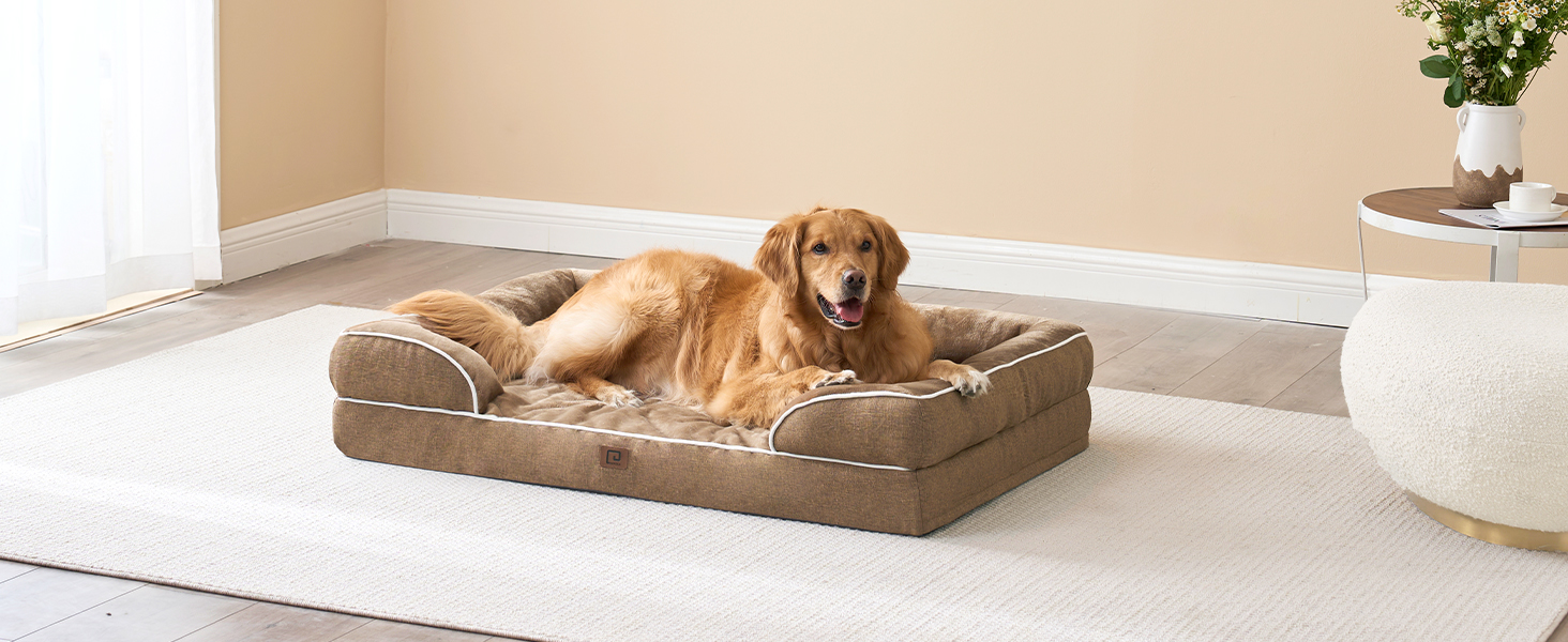 Ортопедичне ліжко для собак великих порід, 112x81 см, кошик для собак з Memory Foam XL, вологостійке собаче ліжко з високим бортиком, зручна собача кушетка, Kamel 112 x 81 x 17.5 см