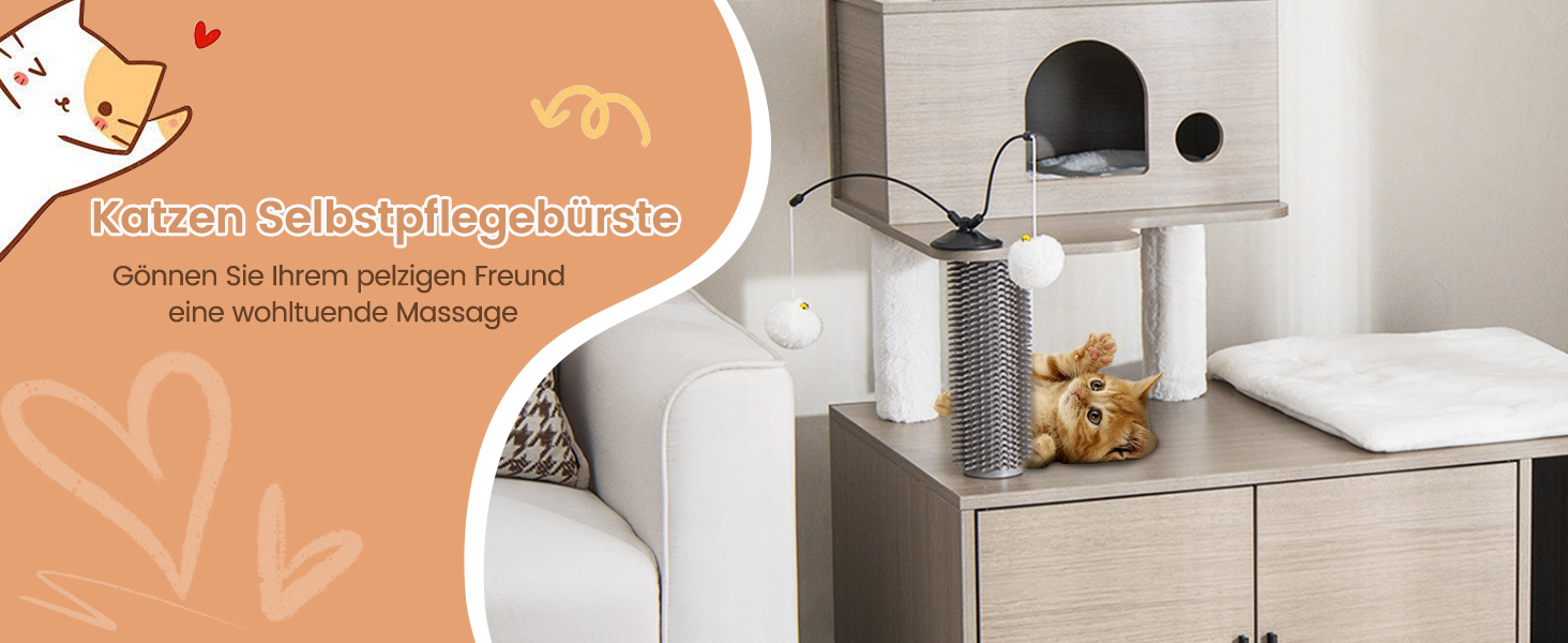 Дім-кігтеточка для котів COSTWAY з будиночком, ігровим м'ячиком та подушкою, сірий, 95x55,5x132 см