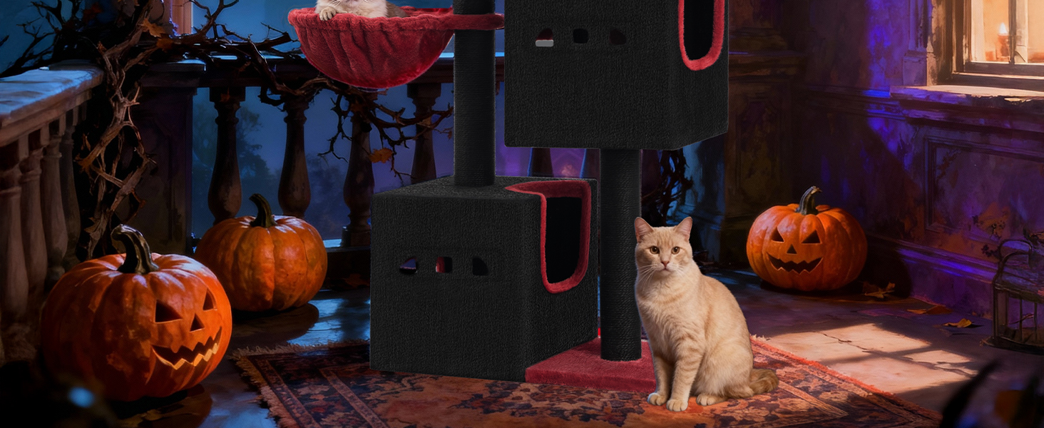 Дерево для кігтів Hzuaneri, 98 см, зі стійкою основою, з лежаком, будиночком для котів, сизалевими стовпчиками, кошиком та іграшками, меблі для котів, ігровий комплекс, MS07618LG (55 x 30 x 98 см, Чорний/Червоний)