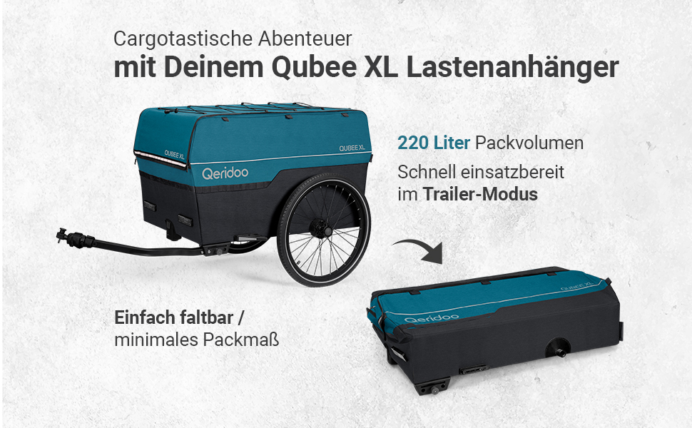 Qeridoo Qubee XL Petrol: Складаний вантажний причіп з об'ємом 220л та швидкою з'єднювальною рамою | Причіп для велосипеда & візок-валіза з повітряними шинами | Аксесуари для велосипеда | Велосипедний причіп