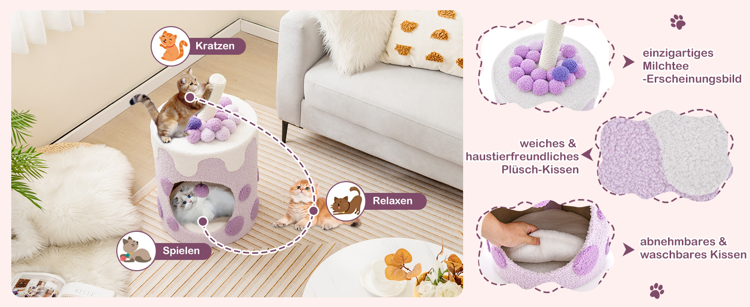 Дряпальня для котів COSTWAY Milktee, кігтеточка з сизалю з іграшками, дряпальний комплекс з будиночком, 37x37x67 см (колір кавовий)