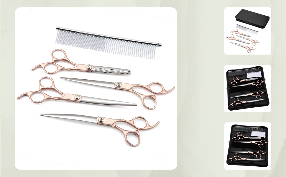 Набір професійних ножиць для грумінгу собак, 17.8 см, нержавіюча сталь, прямі та вигнуті, з гребінцем у чохлі з PU-шкіри