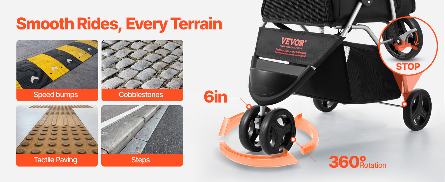 Візок для собак VEVOR, вантажопідйомність 16 кг, складний, для котів та собак, 3 колеса, сітчасті вікна, тримачі для напоїв, гальмо, для маленьких та середніх тварин